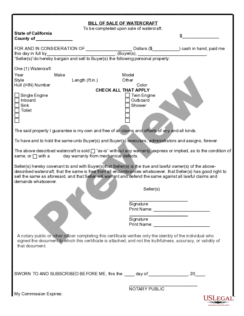 Preview Bill of Sale for WaterCraft or Boat