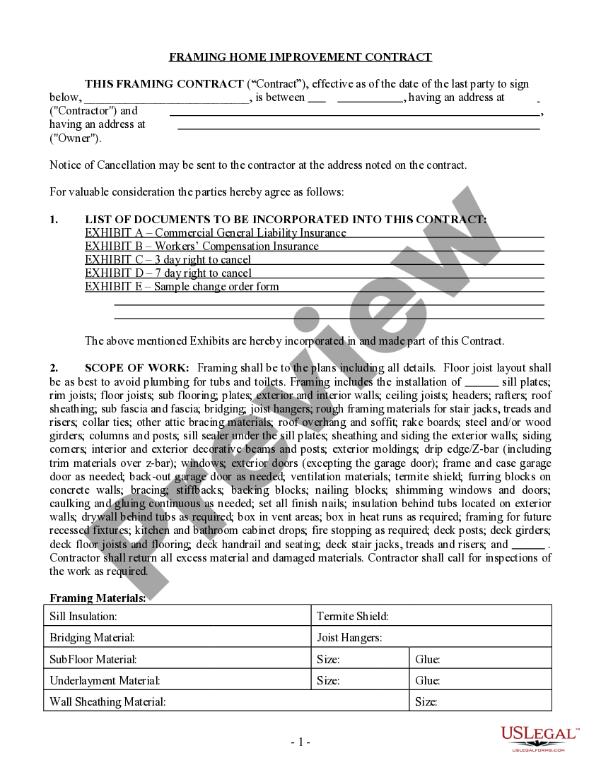 Murrieta California Framing Contract for Contractor Framing Contract