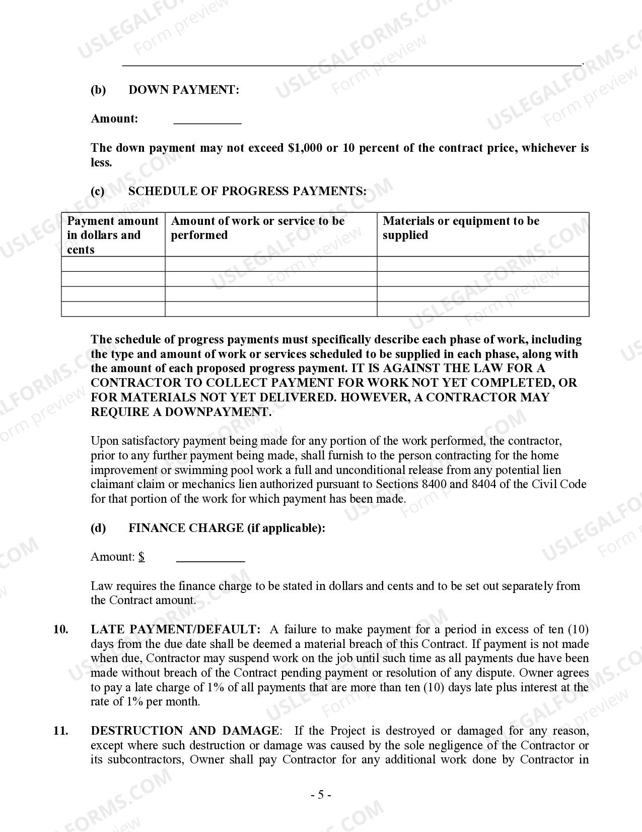 California Framing Contract for Contractor Framing Contract US