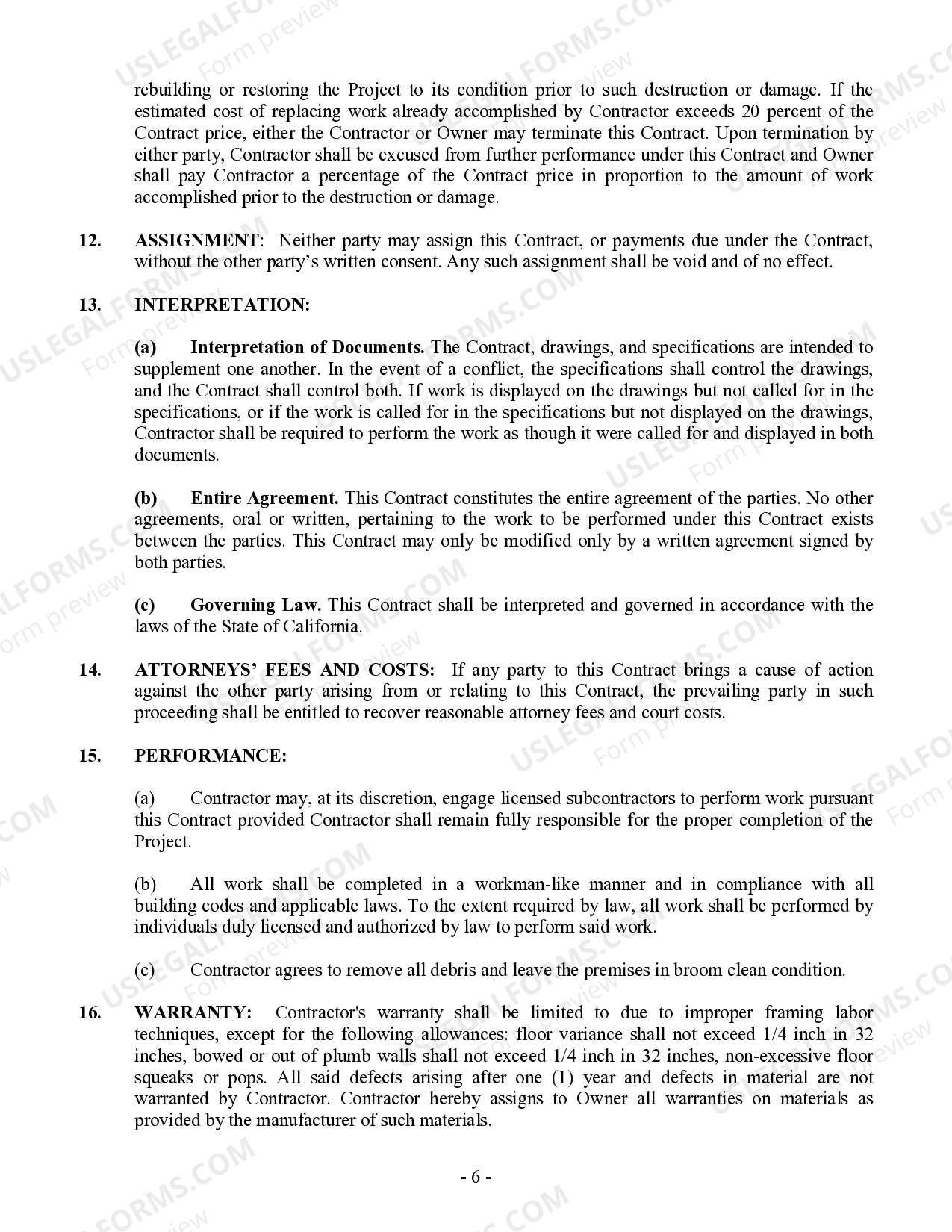 California Framing Contract for Contractor Framing Contract US