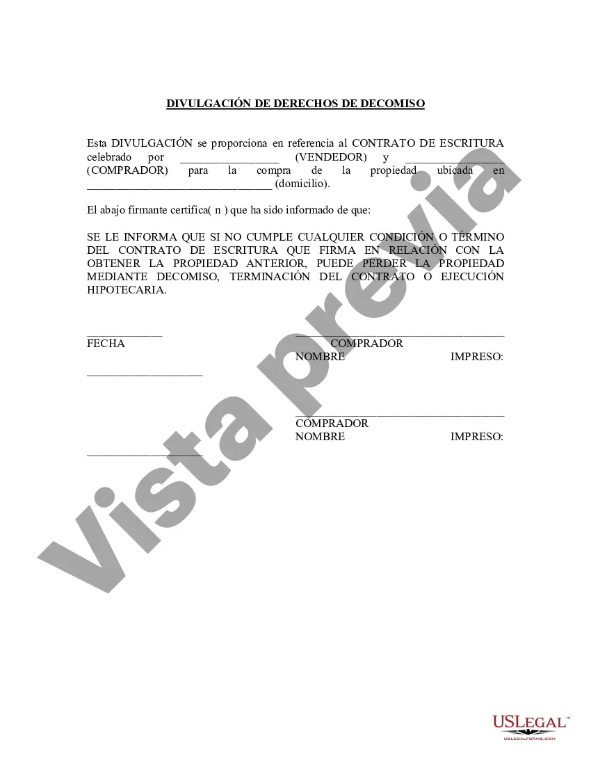Preview Divulgación del vendedor de los derechos de confiscación del contrato de escritura