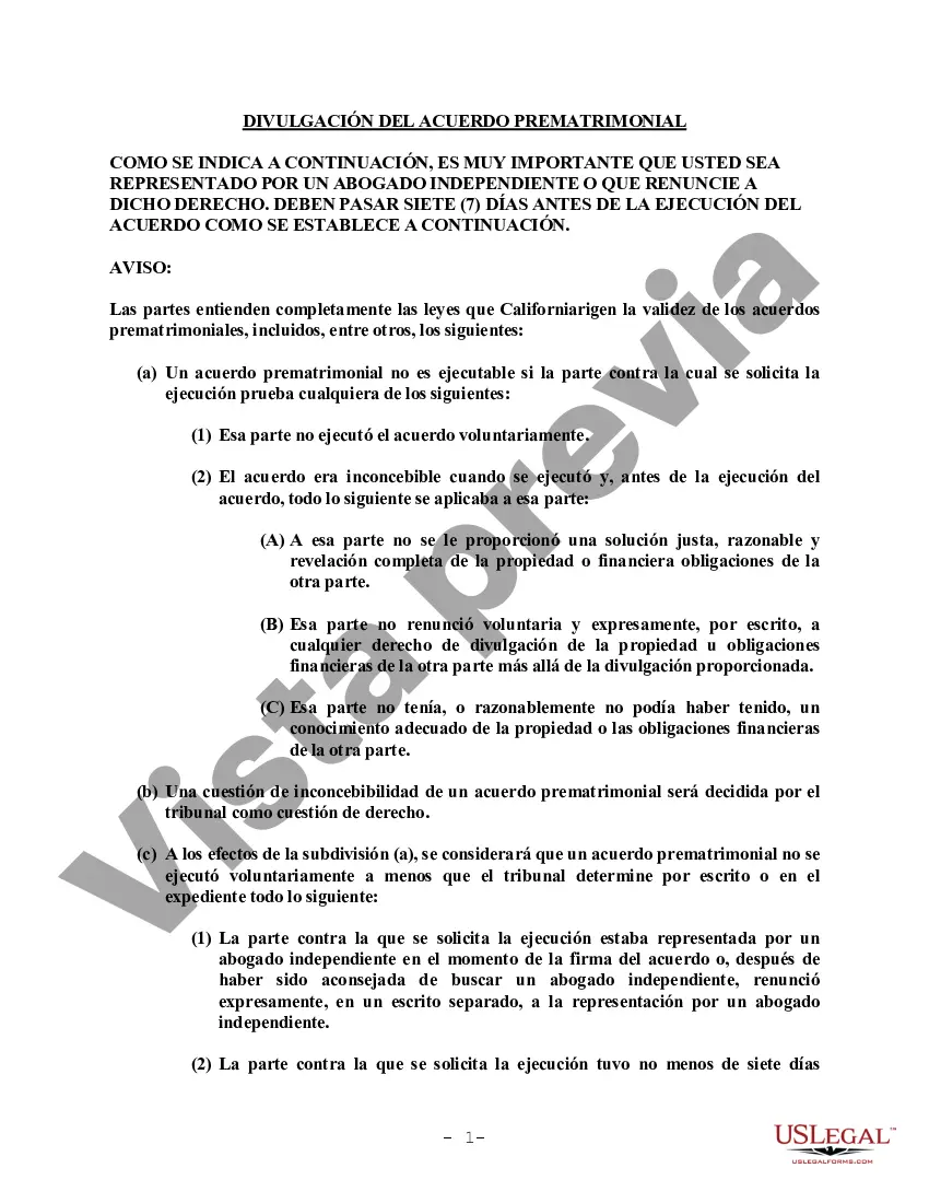 Preview Acuerdo prematrimonial prenupcial de California sin estados financieros