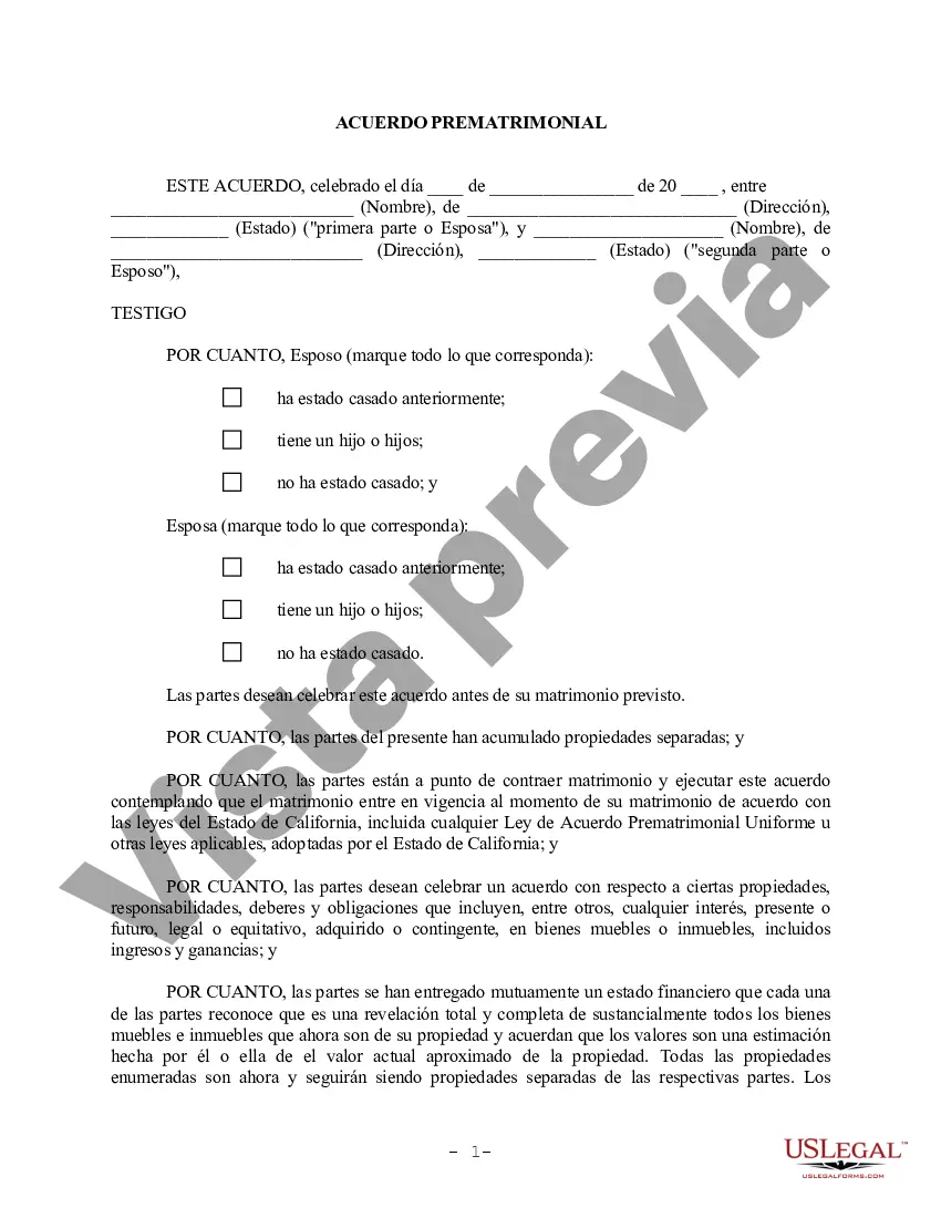 Preview Acuerdo prematrimonial prenupcial de California sin estados financieros