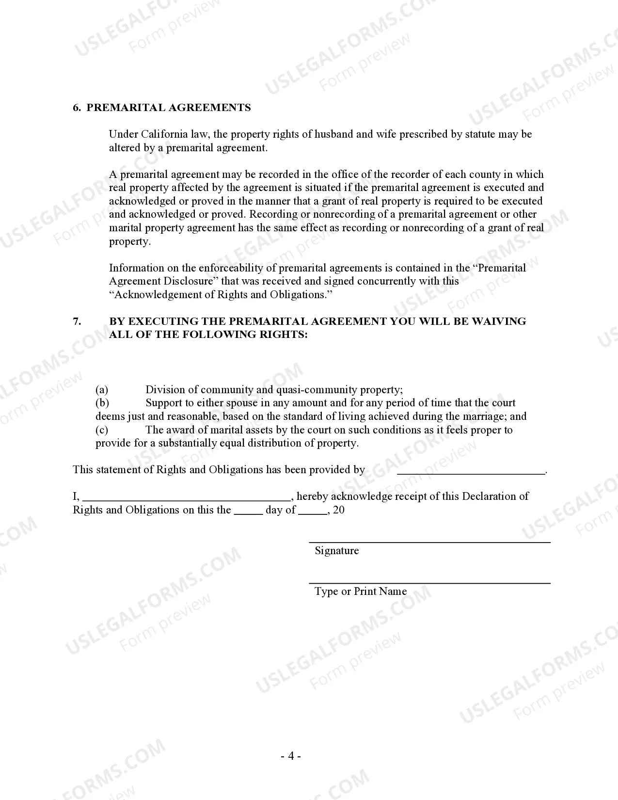 Preview California Prenuptial Premarital Agreement without Financial Statements