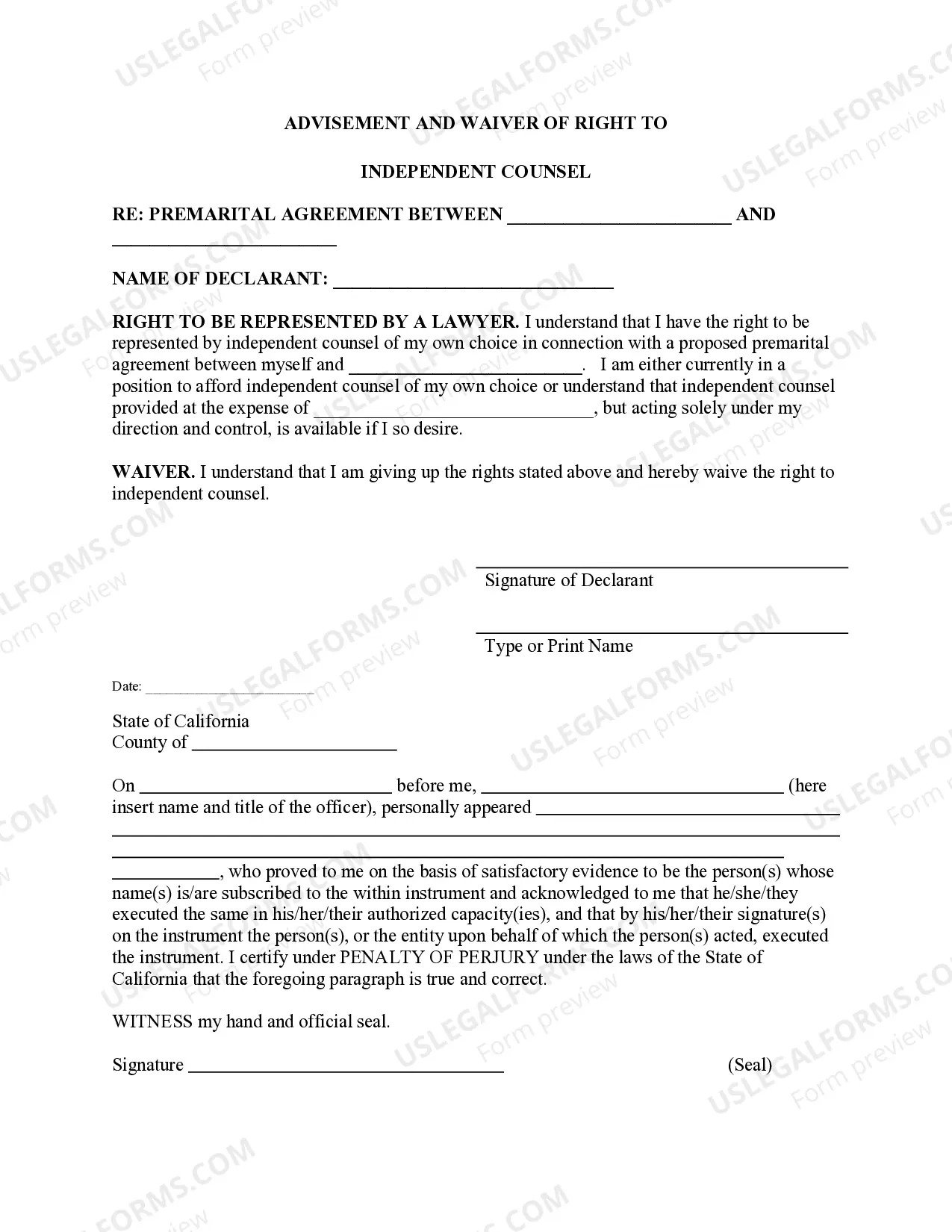 Preview California Prenuptial Premarital Agreement without Financial Statements