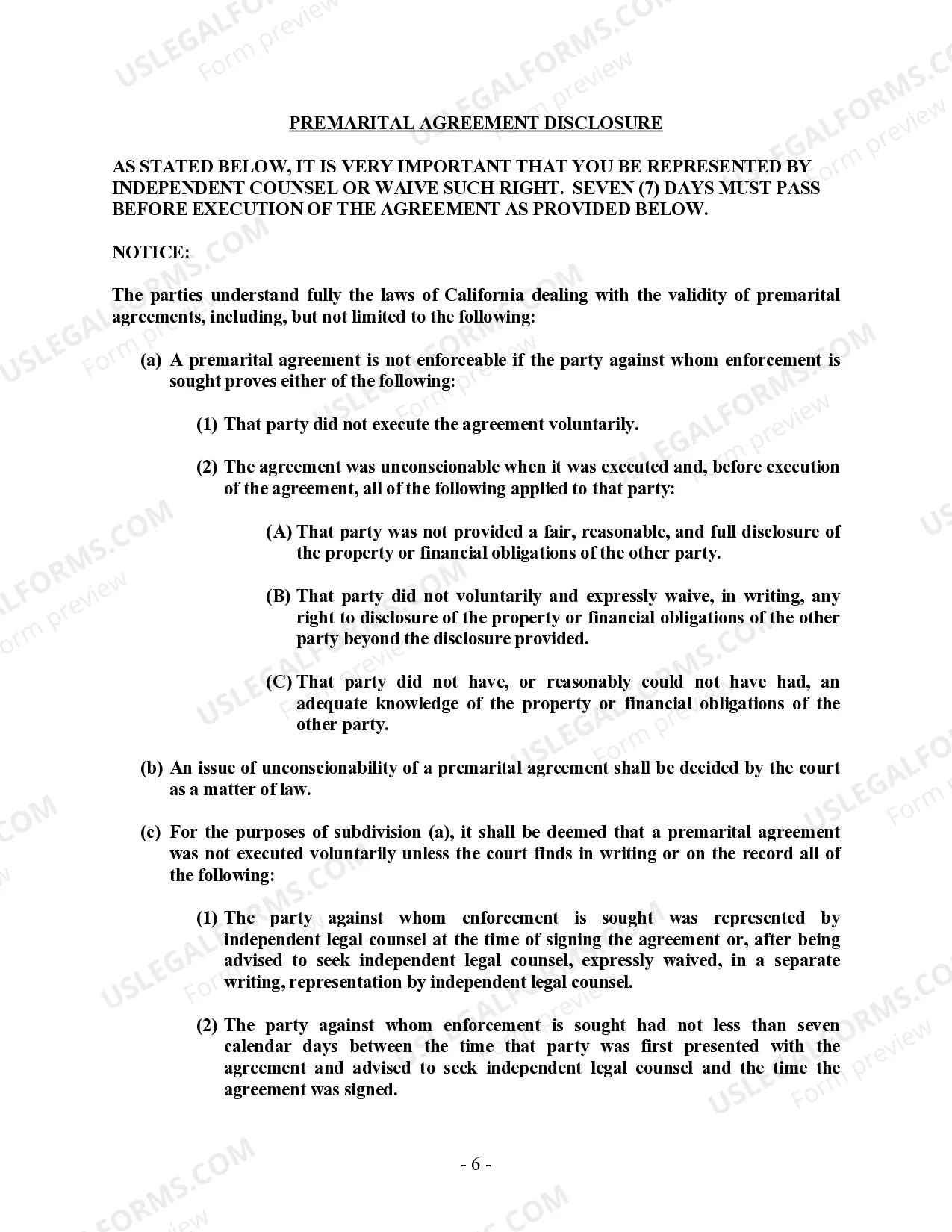 Preview California Prenuptial Premarital Agreement without Financial Statements