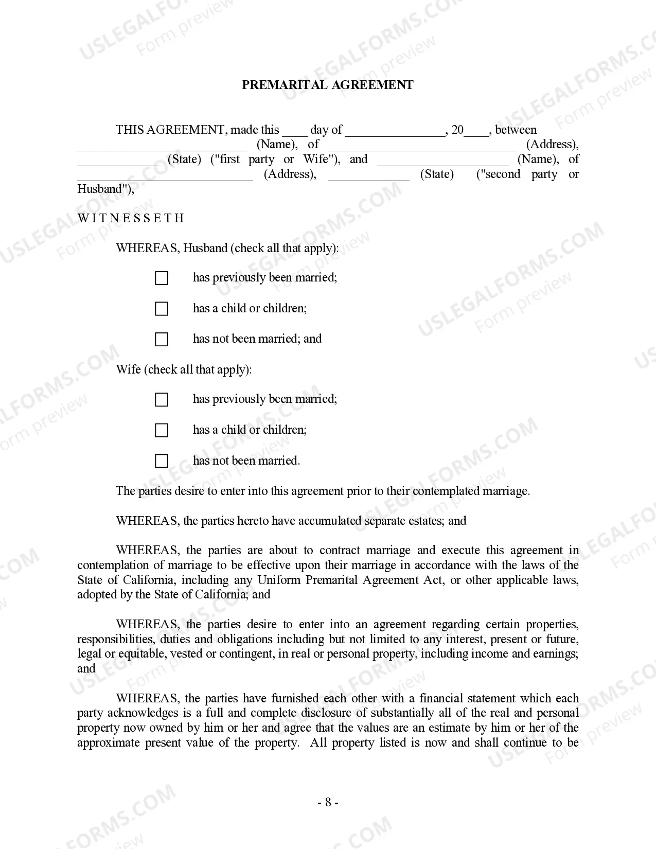 Preview California Prenuptial Premarital Agreement without Financial Statements