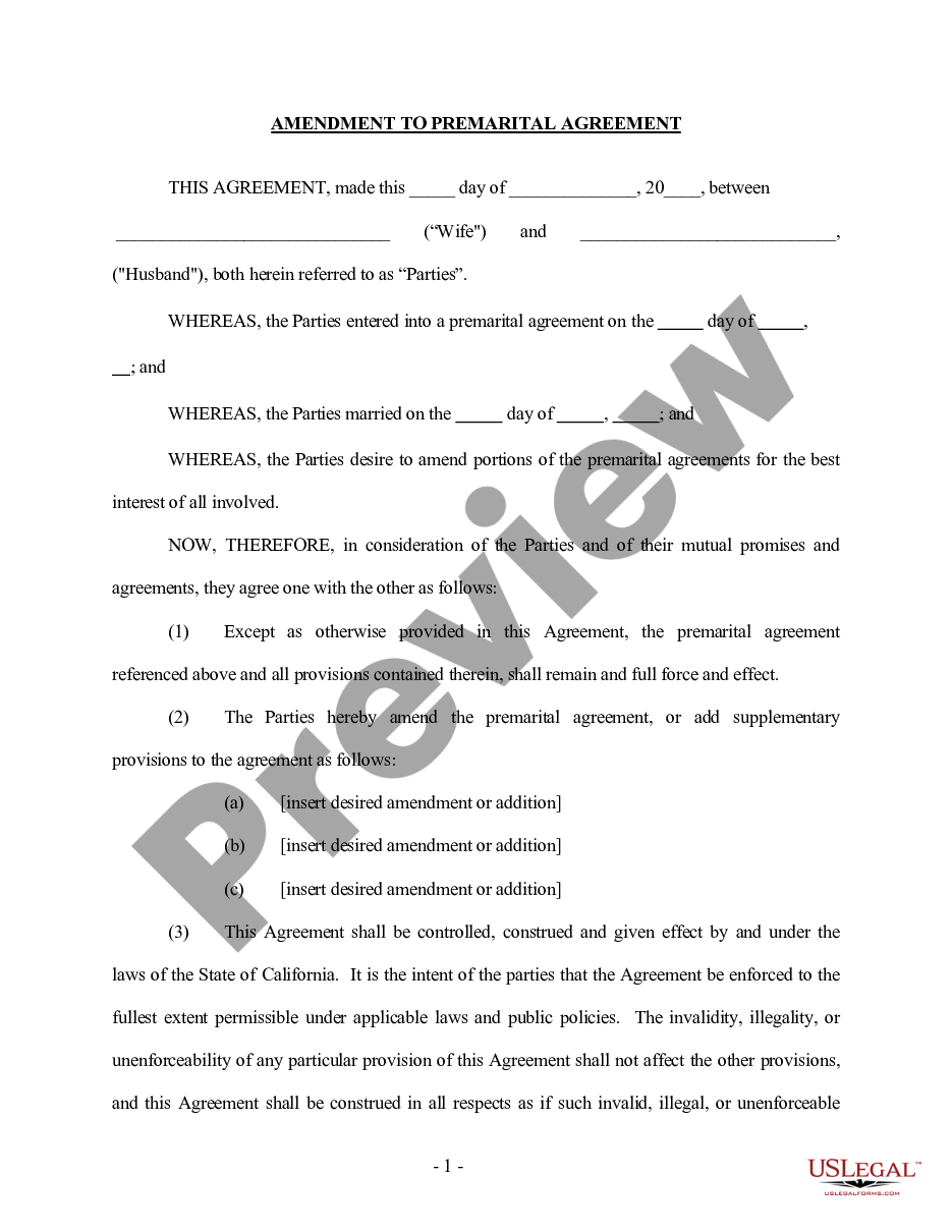 California Amendment to Prenuptial or Premarital Agreement Prenuptial