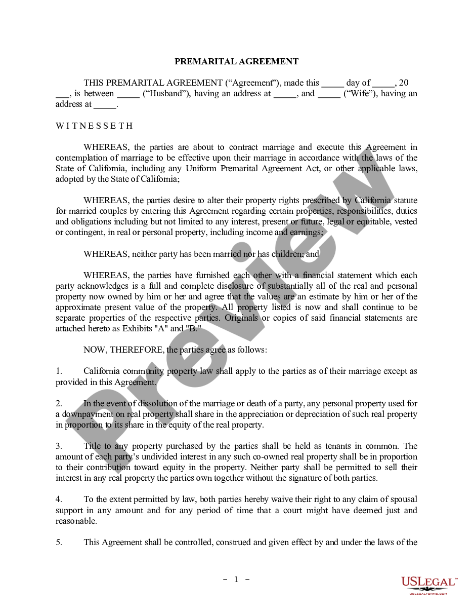 page 6 California Prenuptial Premarital Agreement with Financial Statements - No Children or Business preview