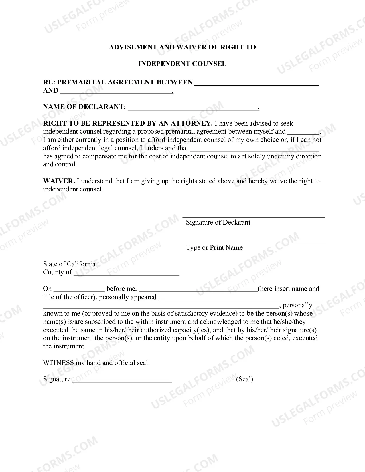 Preview California Prenuptial Premarital Agreement with Financial Statements - No Children or Business