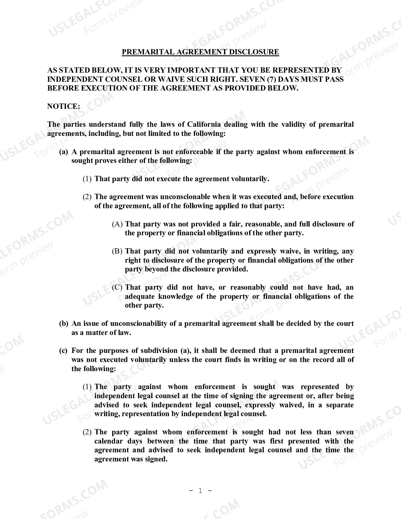 Preview California Prenuptial Premarital Agreement with Financial Statements - No Children or Business