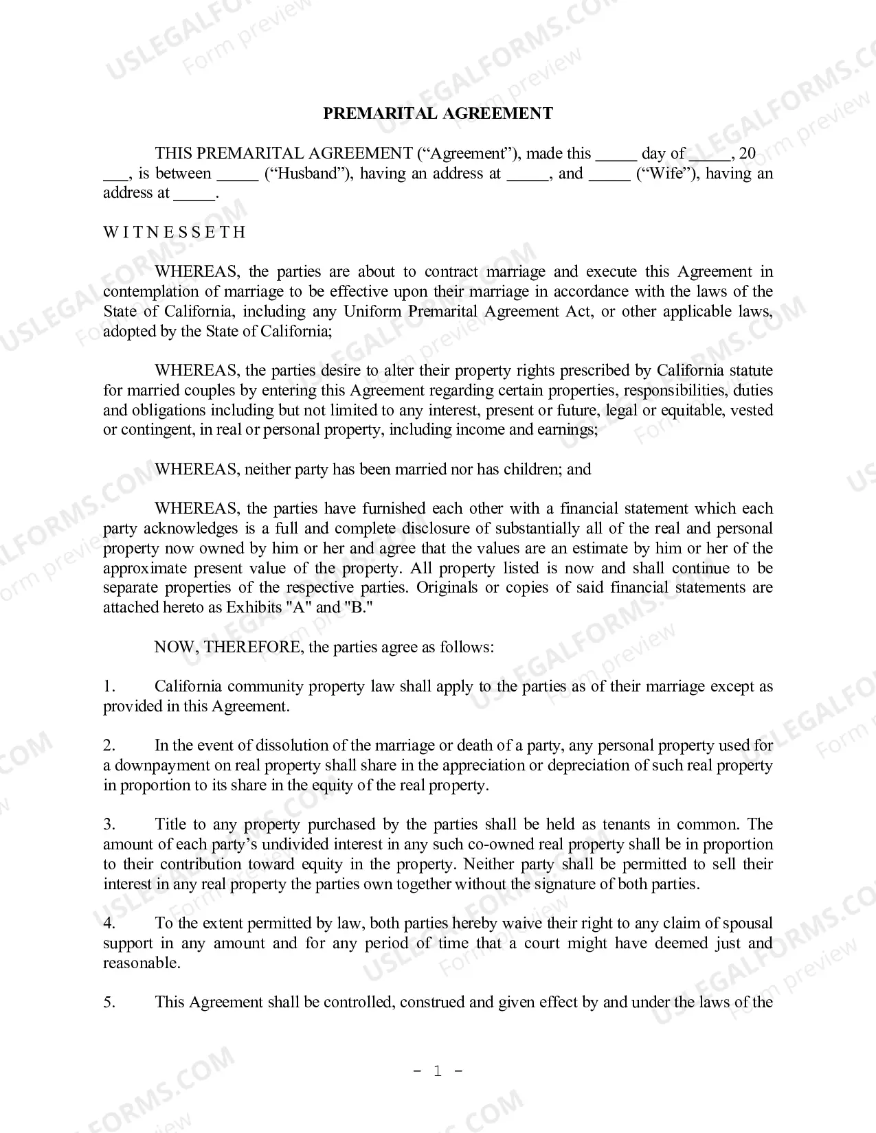 Preview California Prenuptial Premarital Agreement with Financial Statements - No Children or Business