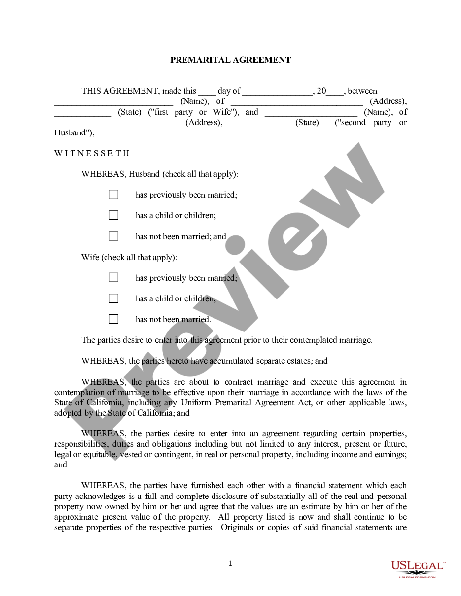 form California Prenuptial Premarital Agreement with Financial Statements preview