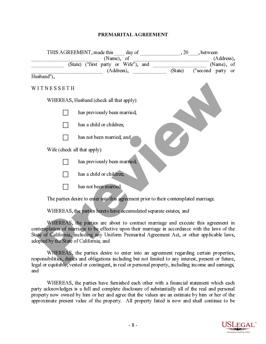 California Prenuptial Premarital Agreement With Financial Statements