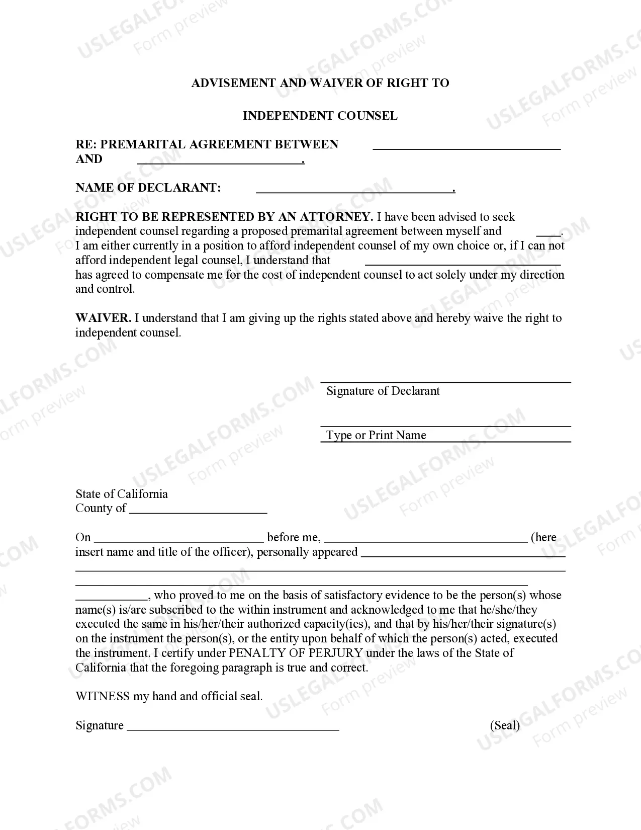 Preview California Prenuptial Premarital Agreement with Financial Statements