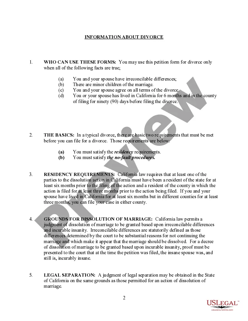 Preview California No-Fault Agreed Uncontested Divorce Package for Dissolution of Marriage for people with Minor Children