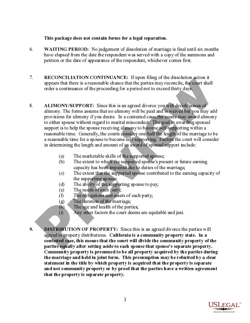 Preview California No-Fault Agreed Uncontested Divorce Package for Dissolution of Marriage for people with Minor Children