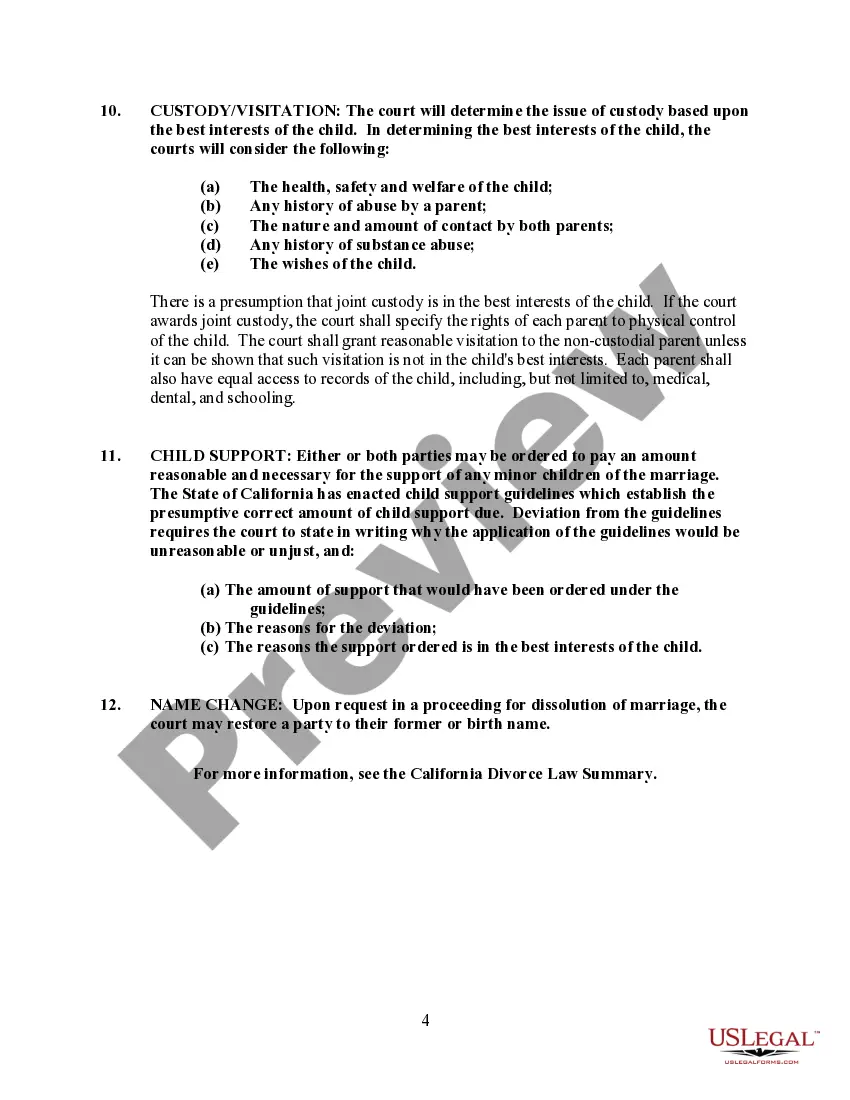 Preview California No-Fault Agreed Uncontested Divorce Package for Dissolution of Marriage for people with Minor Children