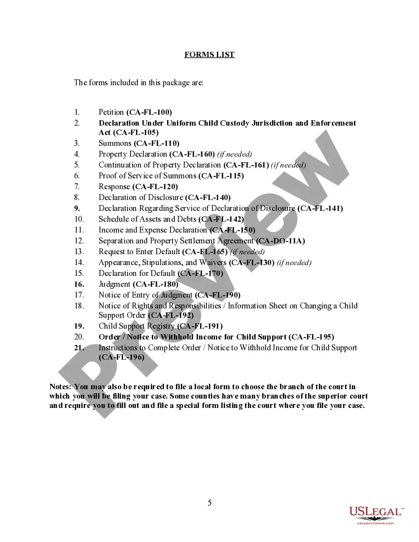 Preview California No-Fault Agreed Uncontested Divorce Package for Dissolution of Marriage for people with Minor Children