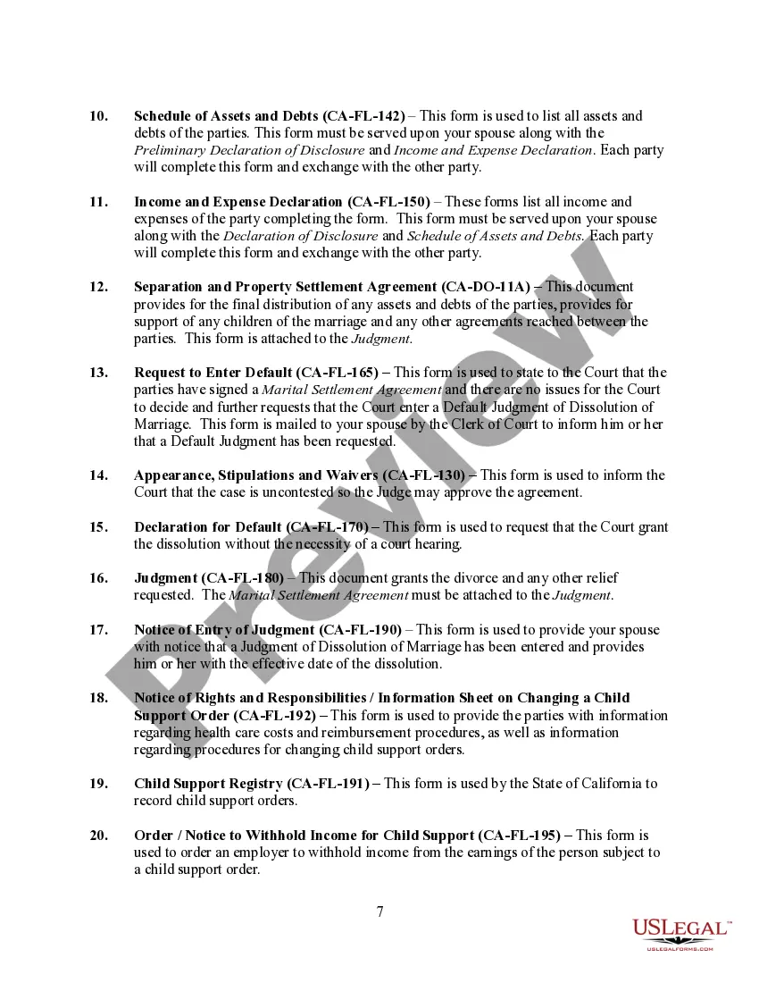 Preview California No-Fault Agreed Uncontested Divorce Package for Dissolution of Marriage for people with Minor Children