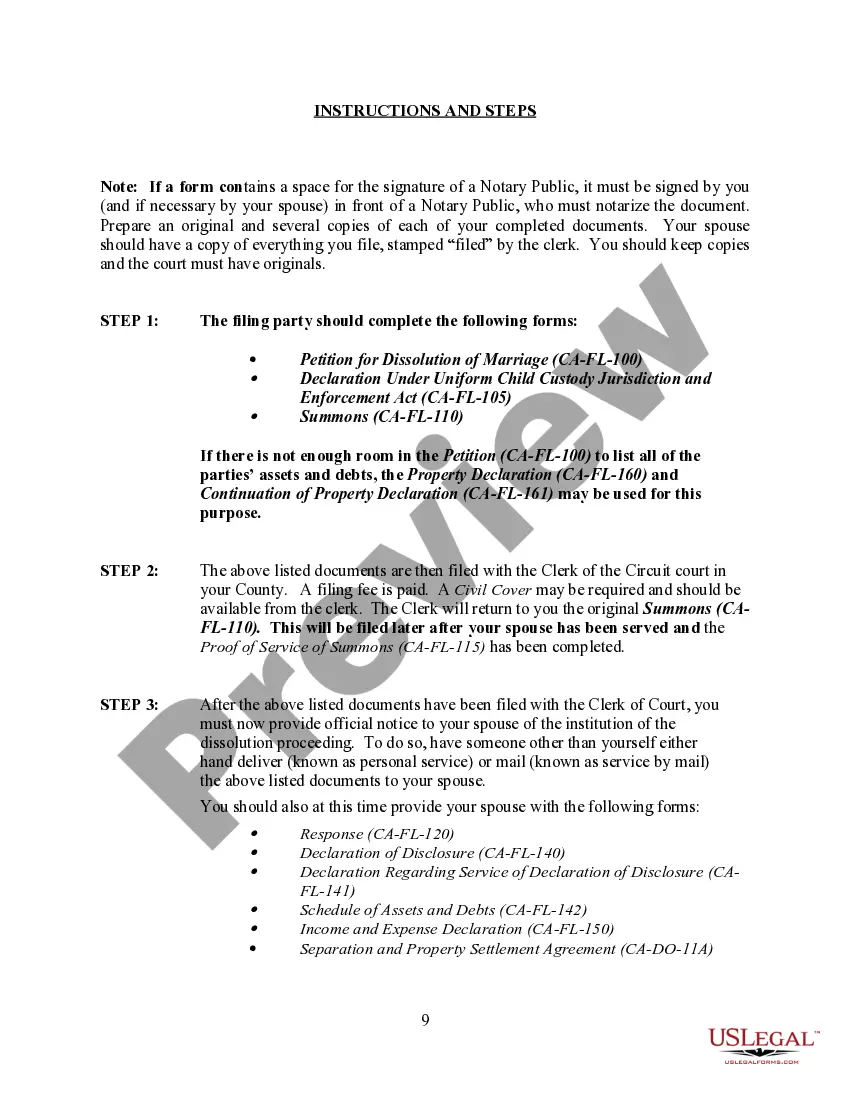 Preview California No-Fault Agreed Uncontested Divorce Package for Dissolution of Marriage for people with Minor Children