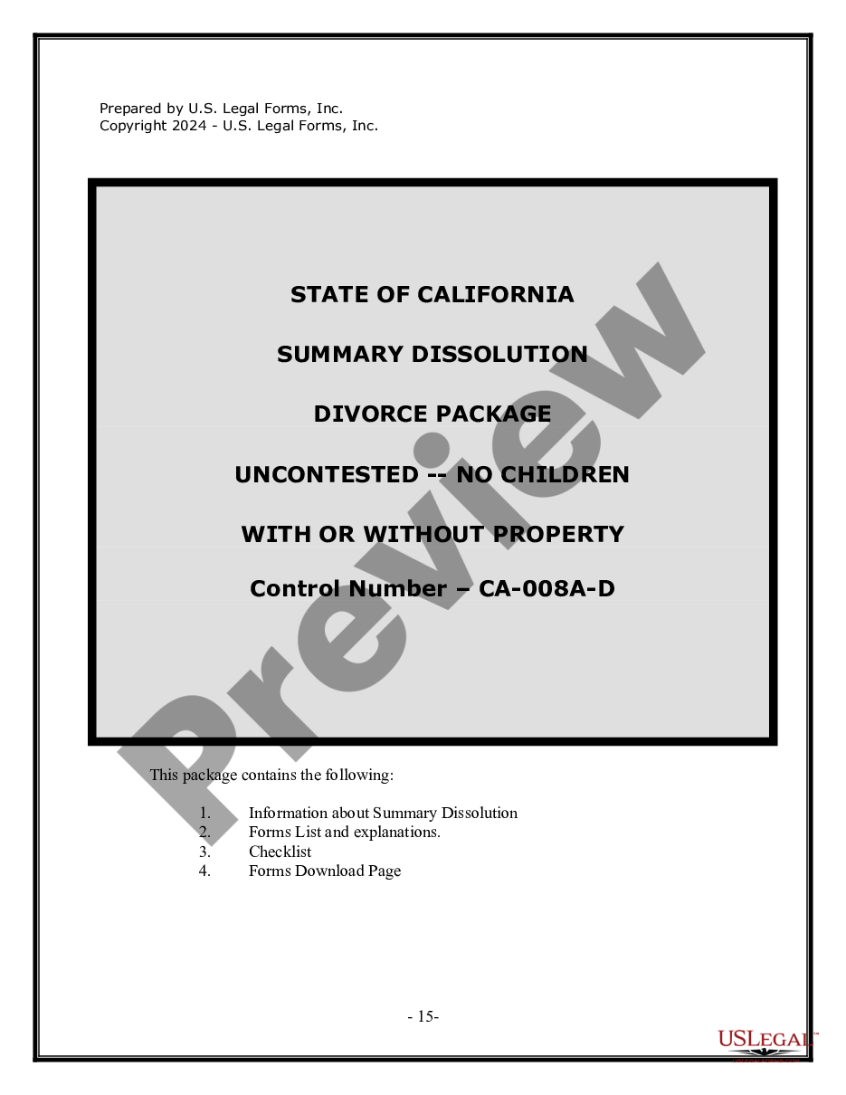 page 0 California Summary Dissolution of Marriage Package with No Children - Divorce preview