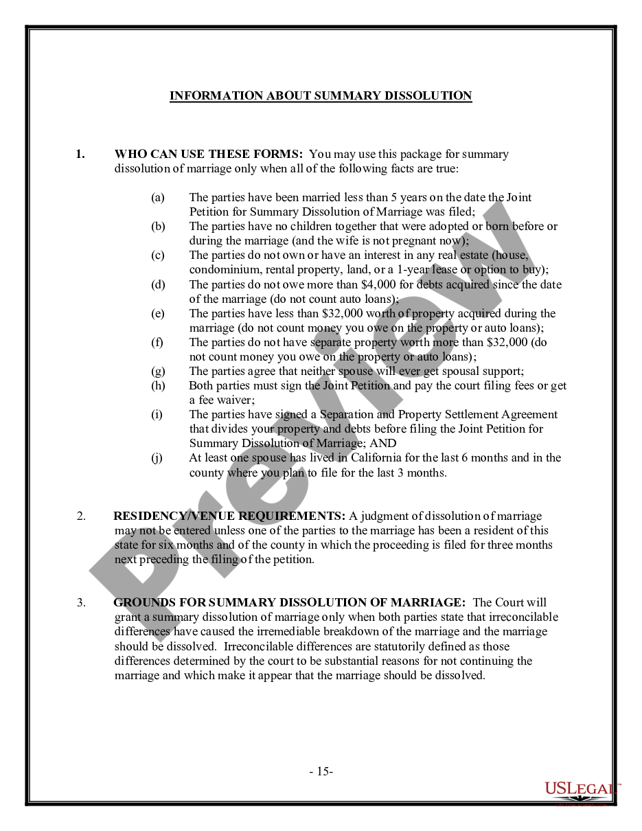 page 1 California Summary Dissolution of Marriage Package with No Children - Divorce preview