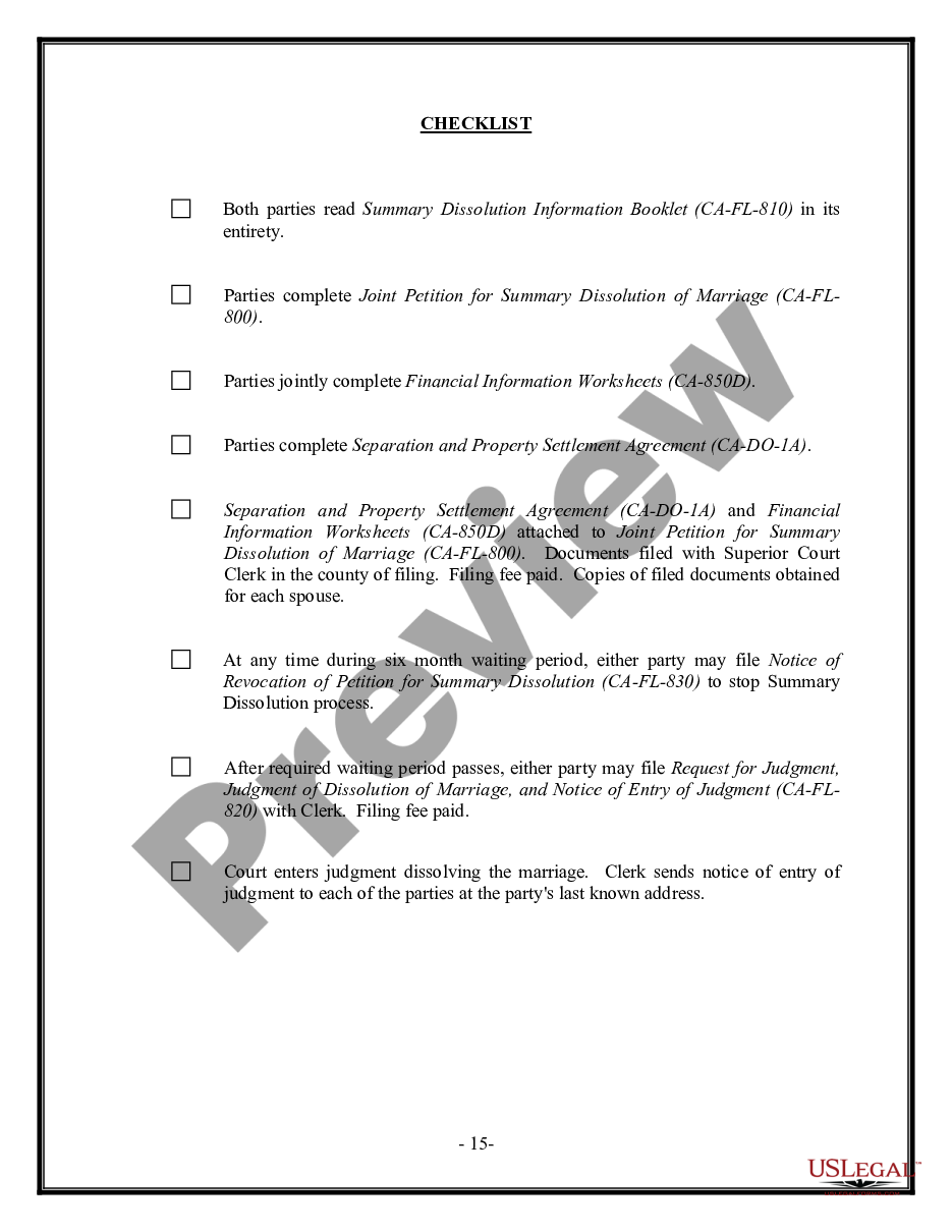 form California Summary Dissolution of Marriage Package with No Children - Divorce preview