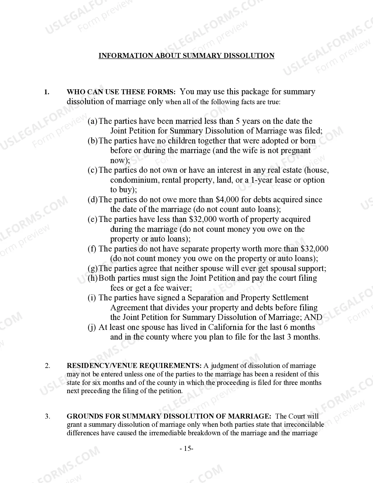 Preview California Summary Dissolution of Marriage Package with No Children - Divorce