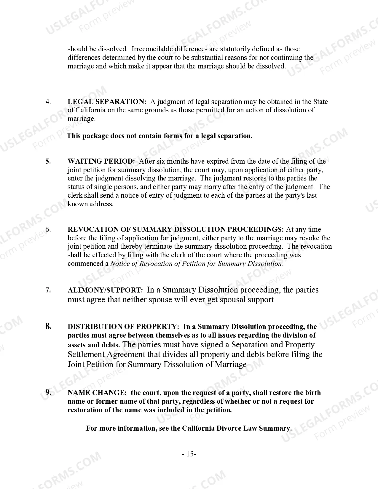 Preview California Summary Dissolution of Marriage Package with No Children - Divorce
