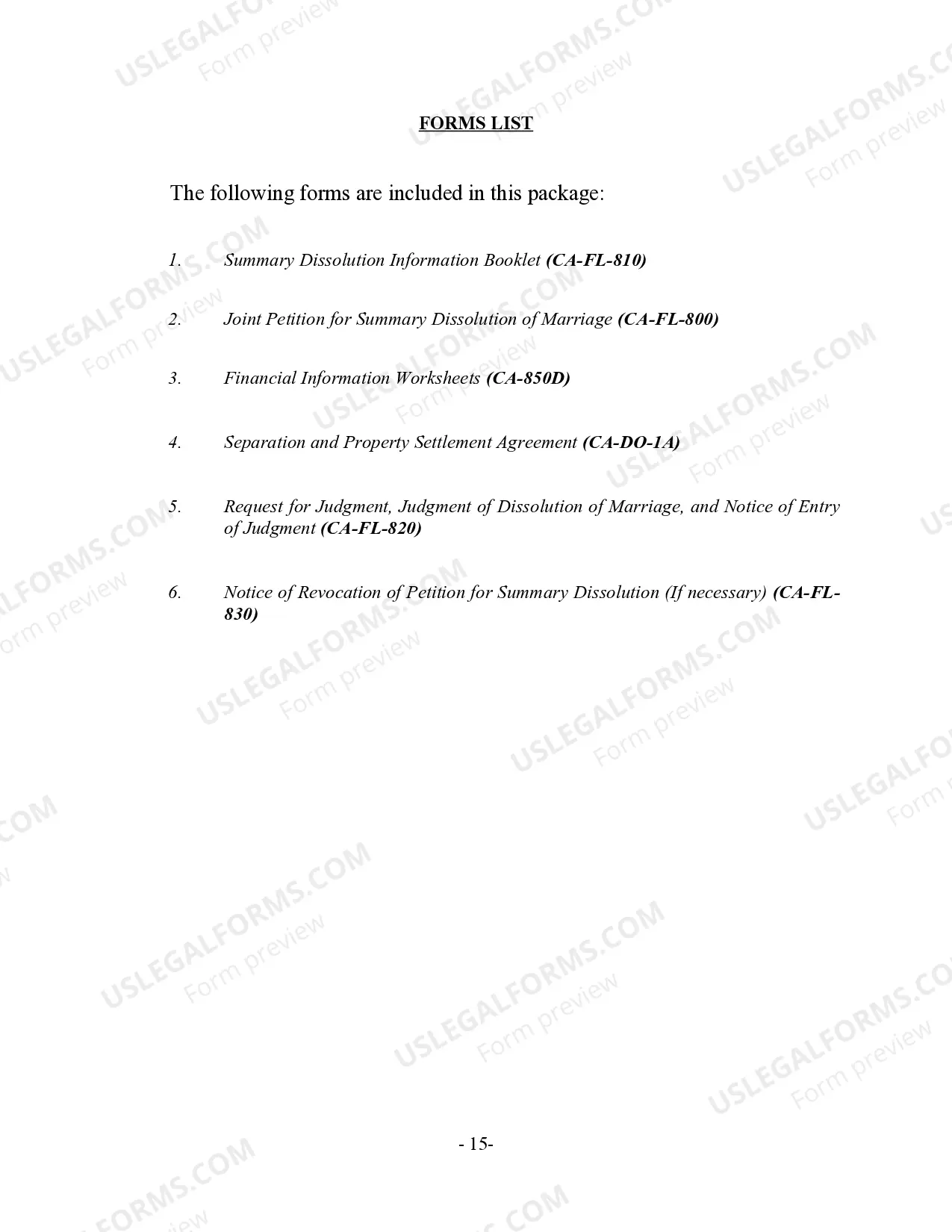 Preview California Summary Dissolution of Marriage Package with No Children - Divorce