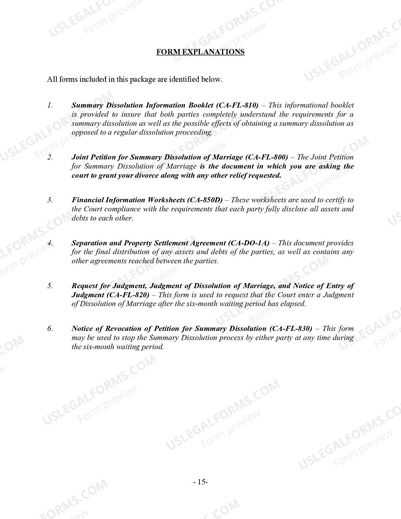 Preview California Summary Dissolution of Marriage Package with No Children - Divorce