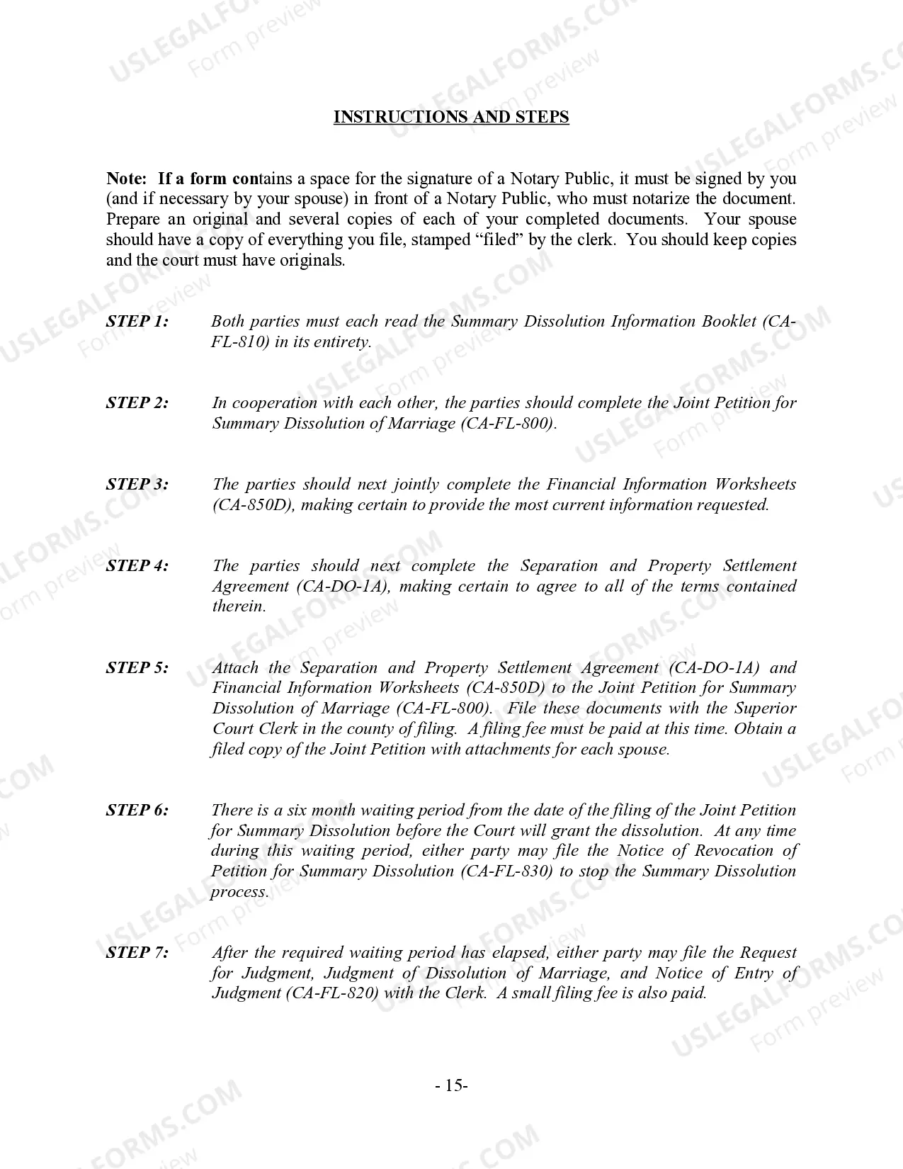 Preview California Summary Dissolution of Marriage Package with No Children - Divorce