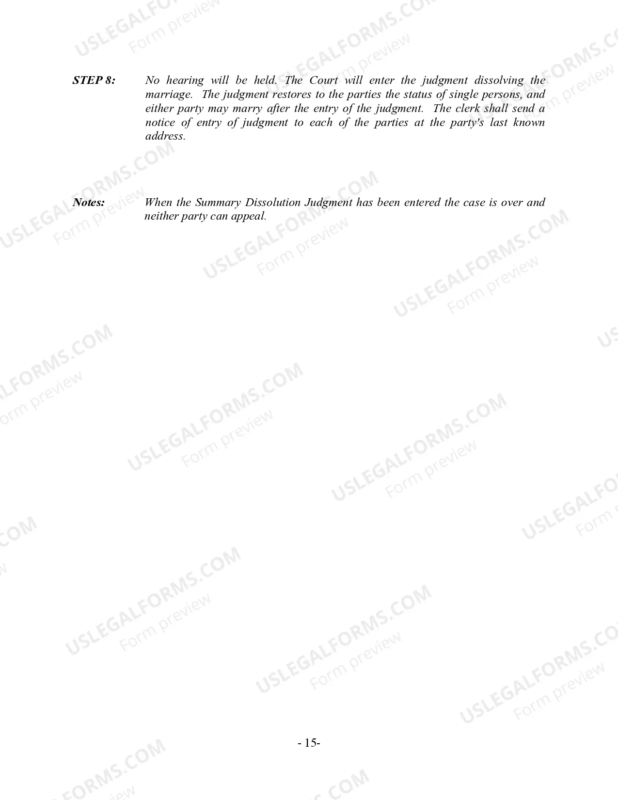 Preview California Summary Dissolution of Marriage Package with No Children - Divorce