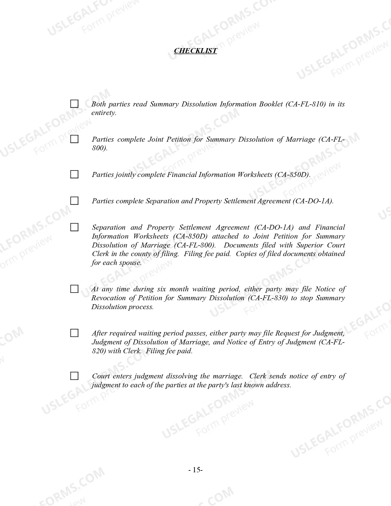 Preview California Summary Dissolution of Marriage Package with No Children - Divorce