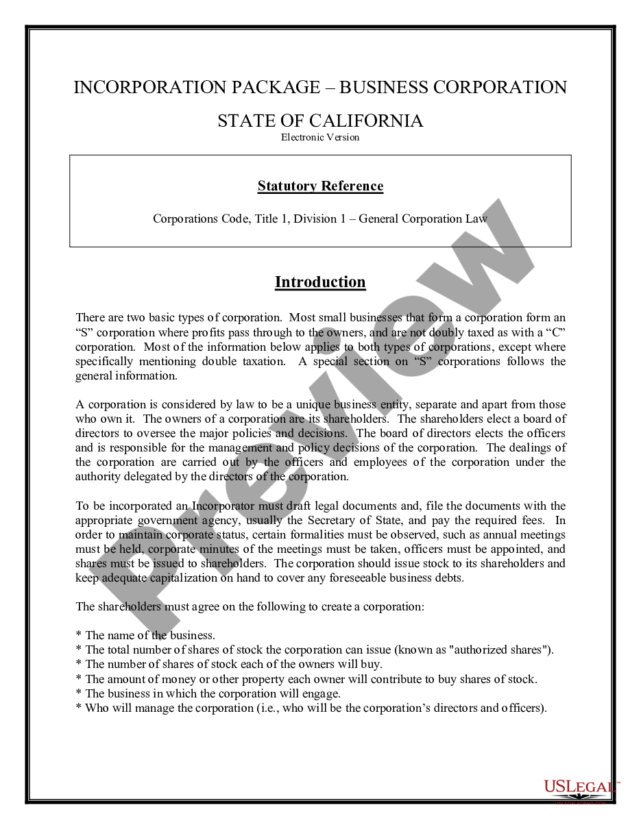 page 1 California Business Incorporation Package to Incorporate Corporation preview