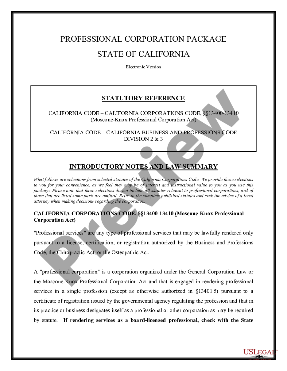 page 1 Professional Corporation Package for California preview