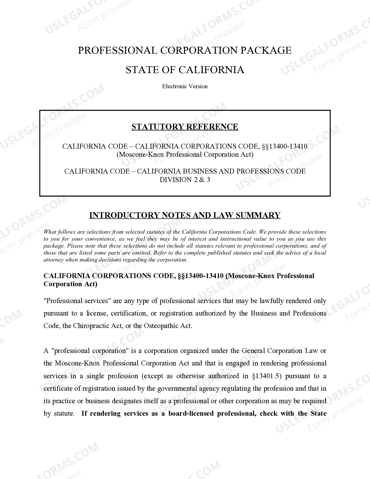 Preview Professional Corporation Package for California