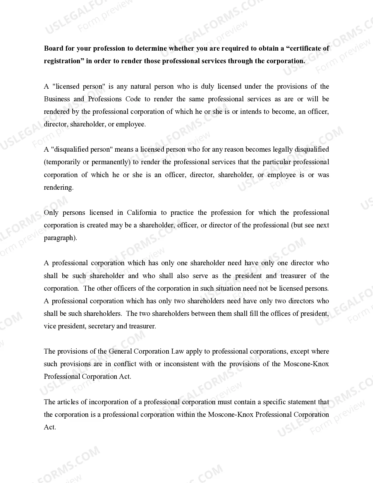 Preview Professional Corporation Package for California