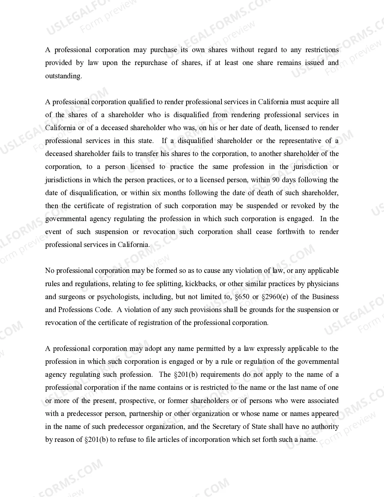 Preview Professional Corporation Package for California