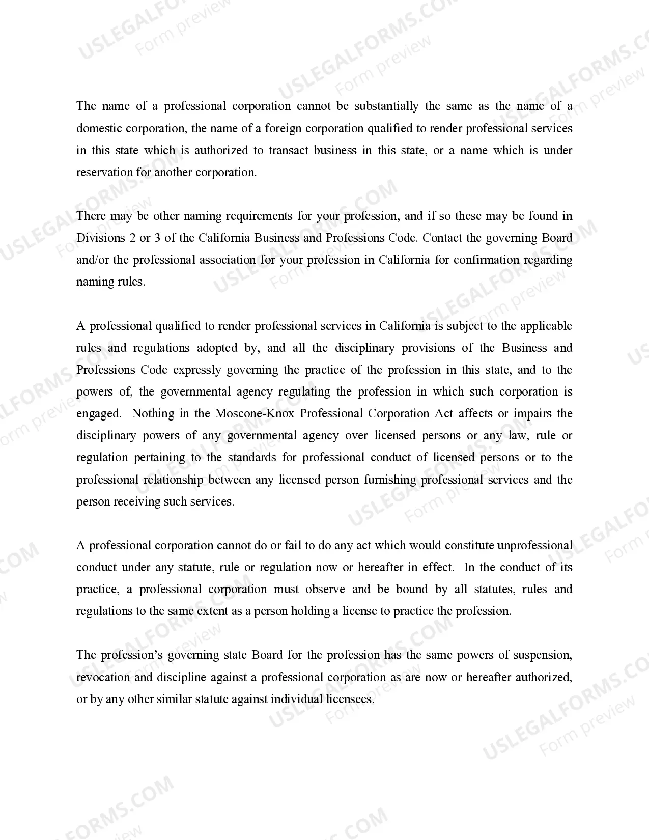 Preview Professional Corporation Package for California