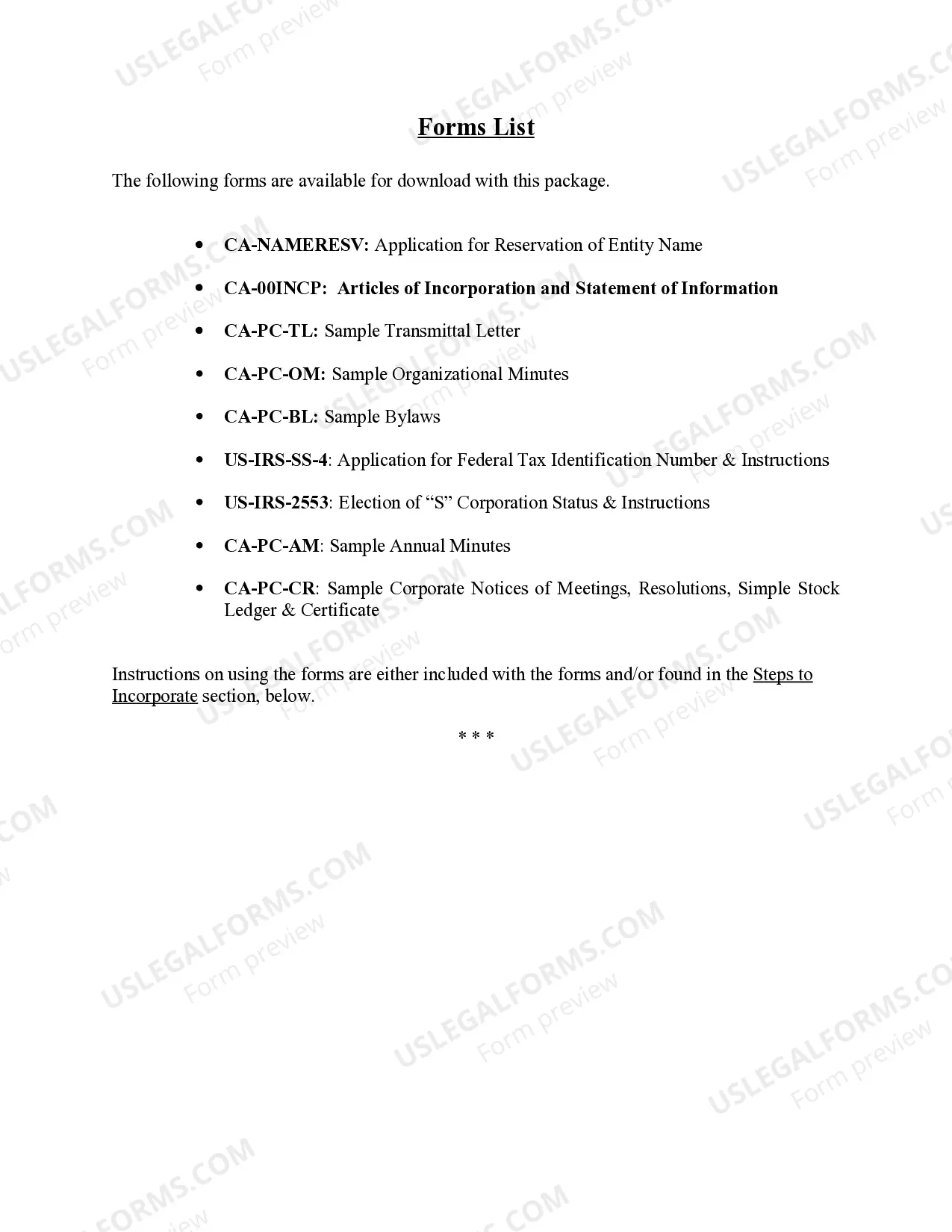 Preview Professional Corporation Package for California