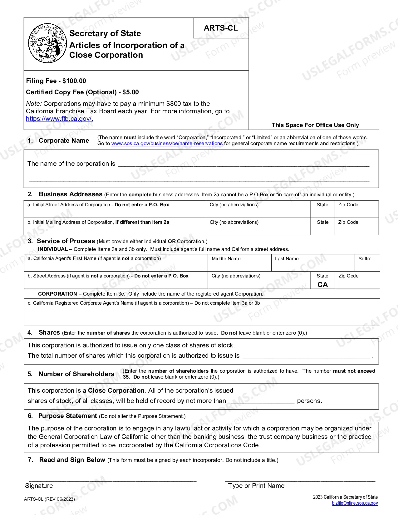 Preview California Articles of Incorporation for Close Corporation