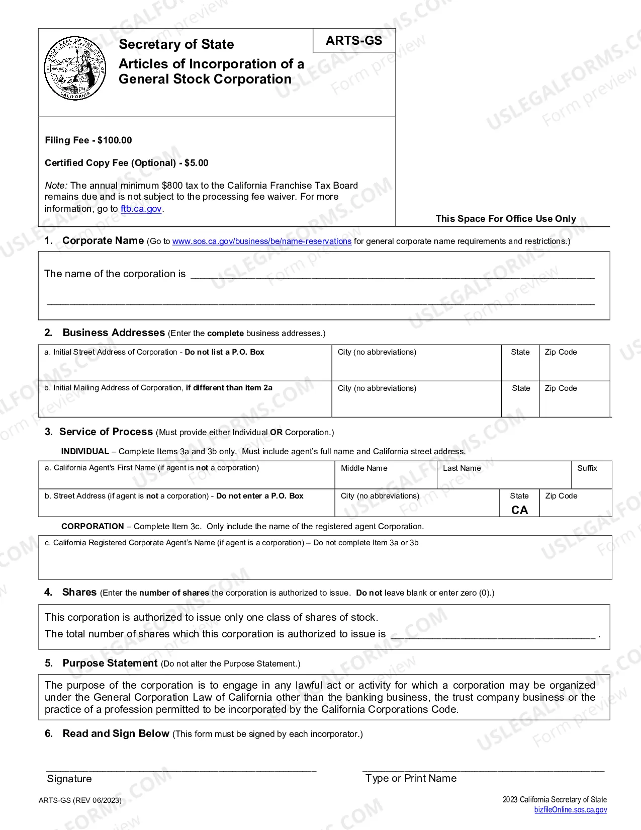 Preview California Articles of Incorporation for Domestic For-Profit Stock Corporation
