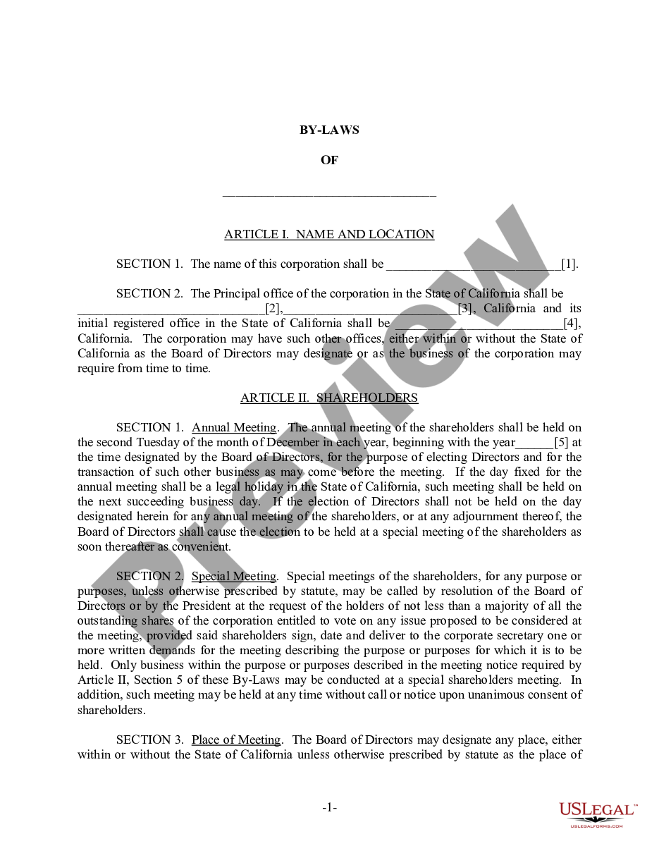 page 1 California Bylaws for Corporation preview