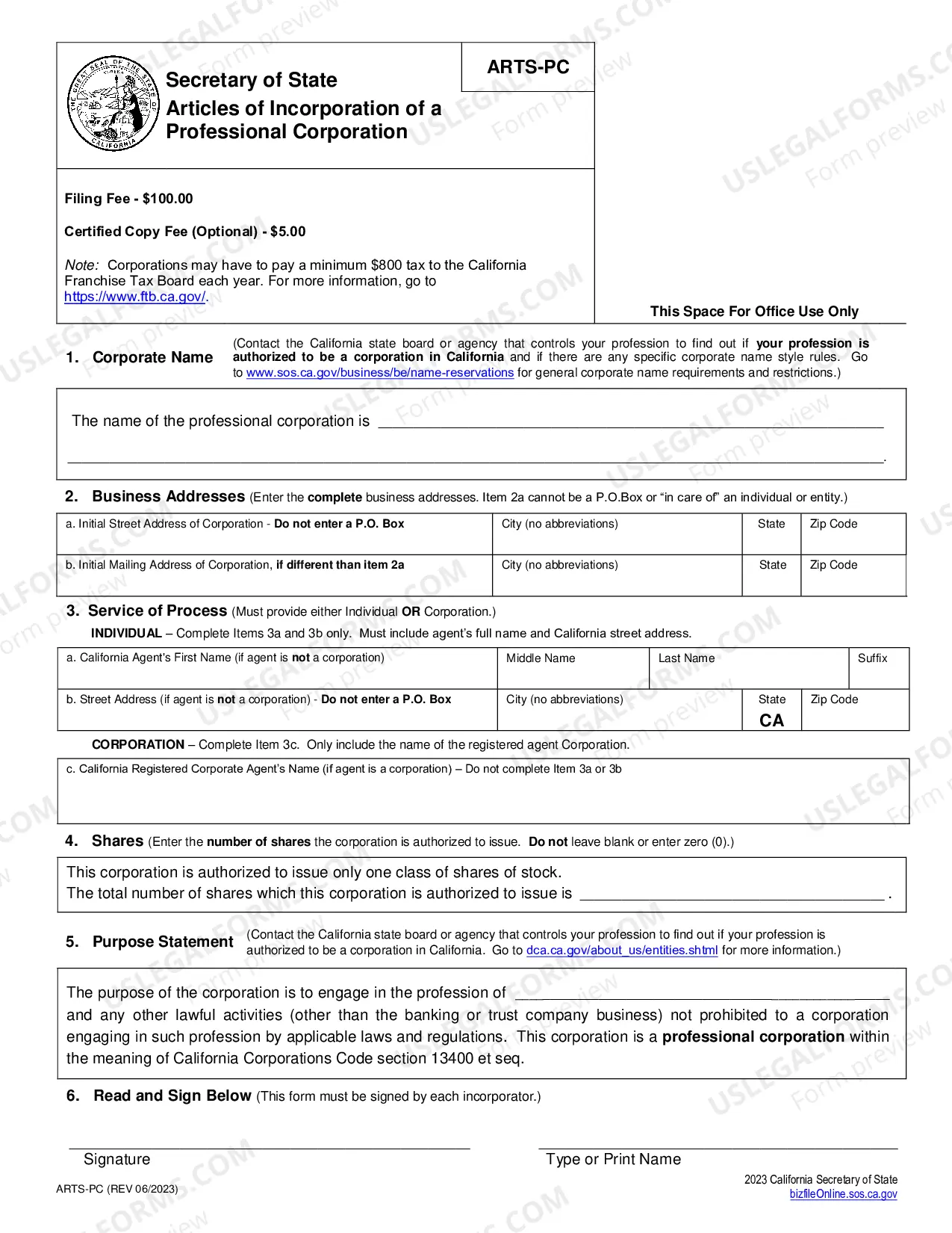 Preview California Articles of Incorporation for Professional Corporation