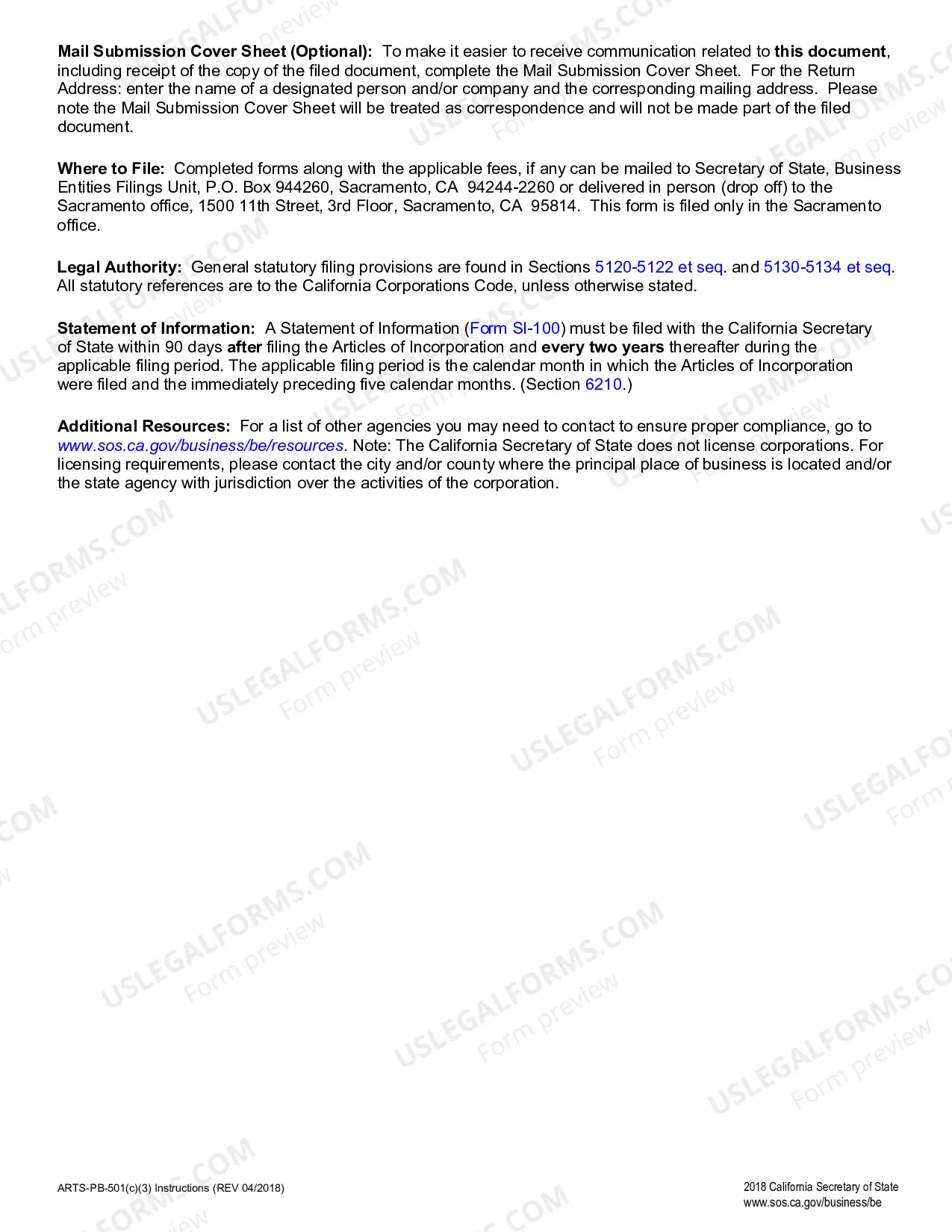 Preview California Articles of Incorporation for Domestic Nonprofit Nonstock Corporation