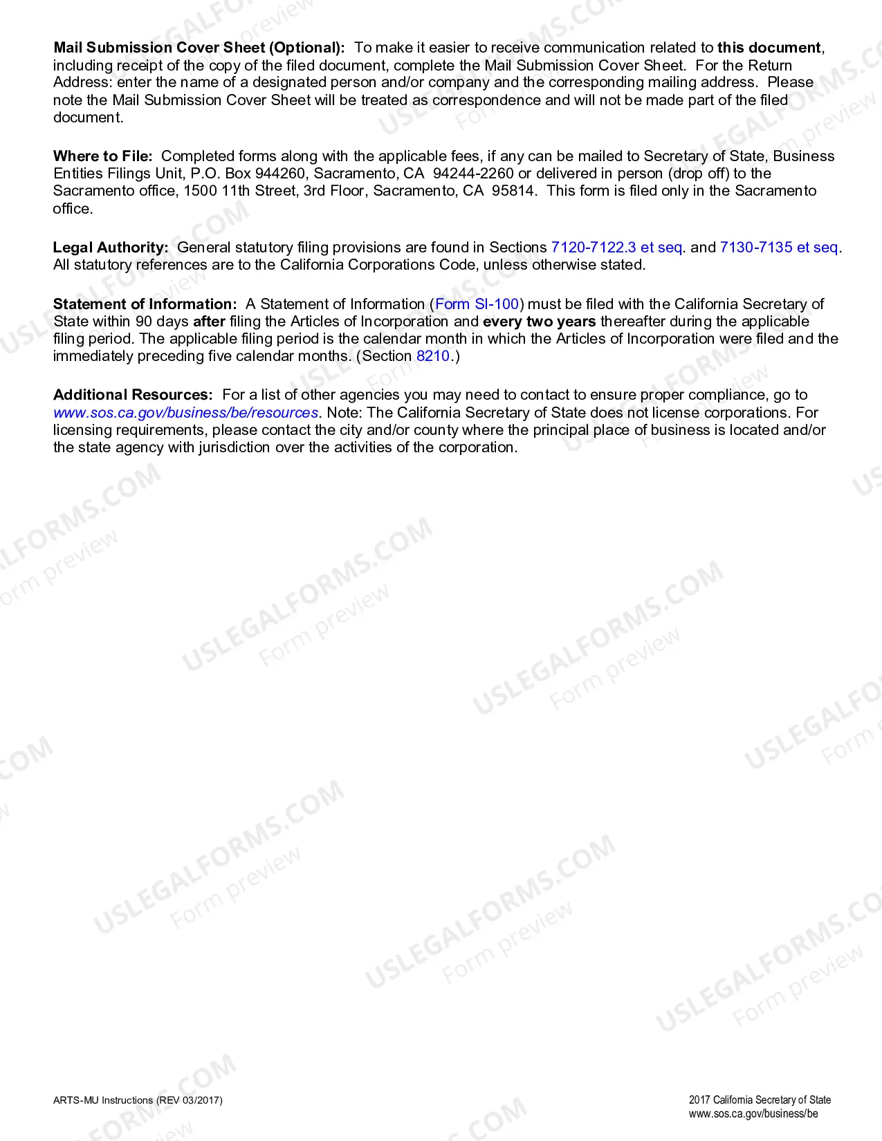 Preview California Articles of Incorporation for Domestic Nonprofit Nonstock Corporation