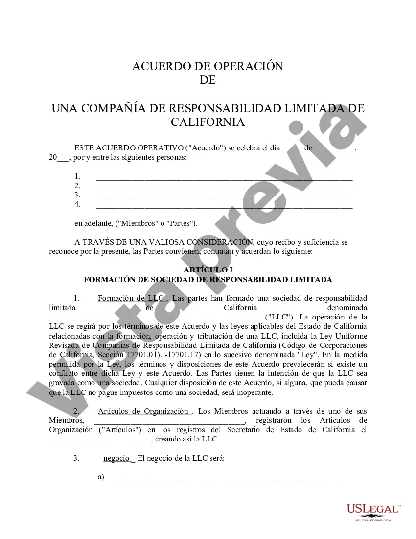 Preview Acuerdo Operativo de Sociedad de Responsabilidad Limitada LLC