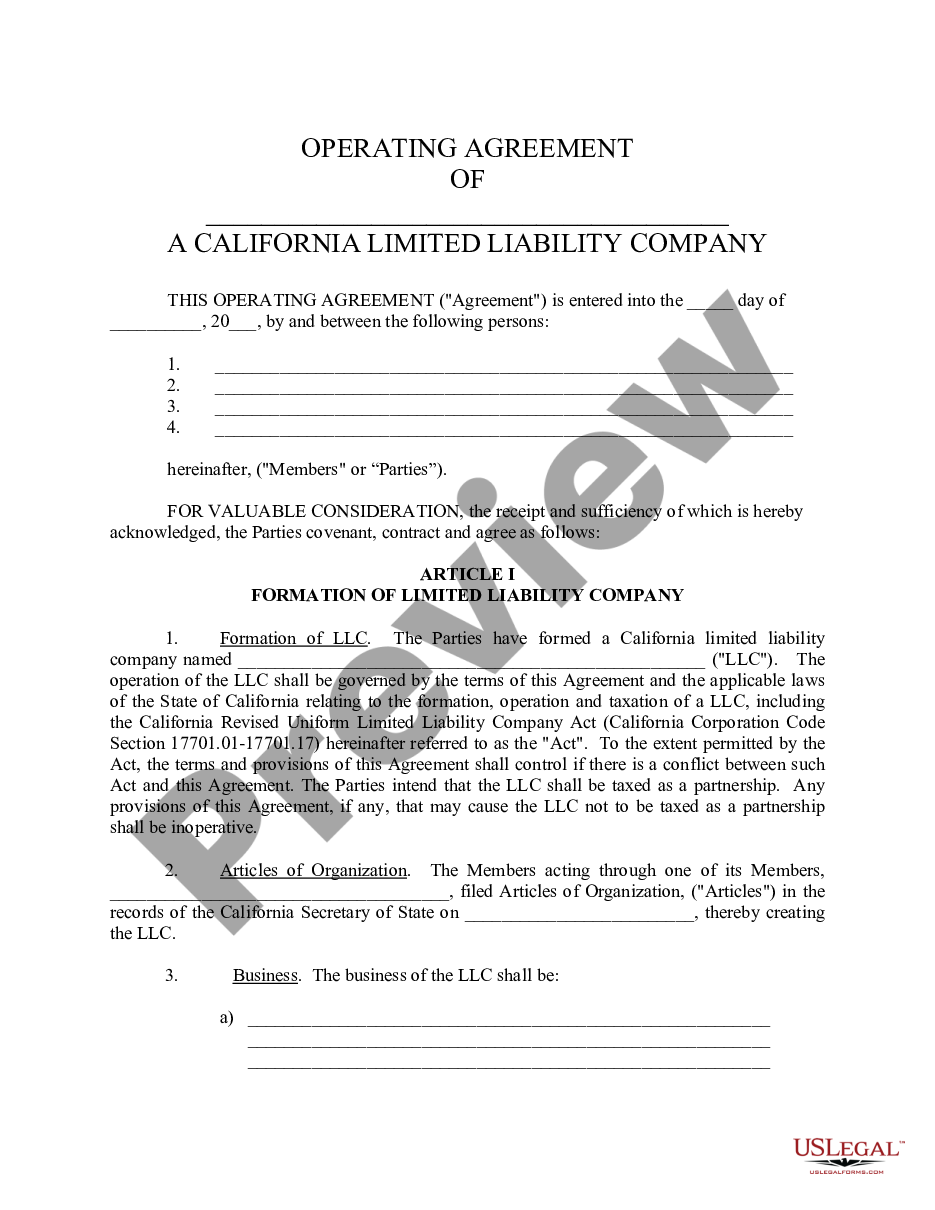 California Limited Liability Company LLC Operating Agreement Llc